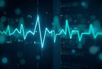 Obraz premium Abstract digital health concept, glowing heart rate patterns, biometric data streams, blue and green neon lights, clean and futuristic healthcare interface, ultra-detailed, modern digital background 