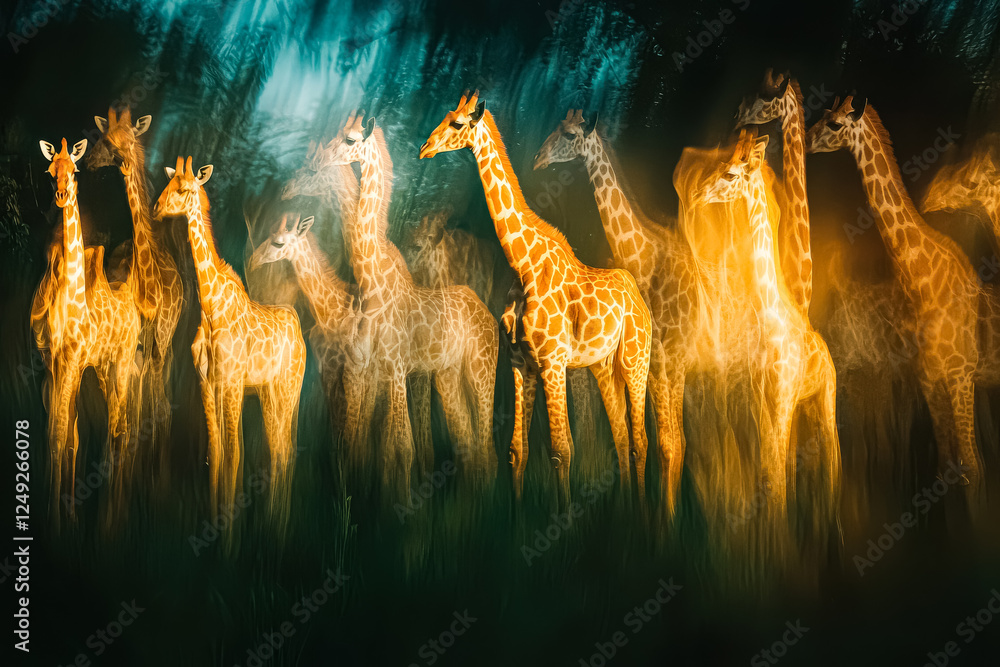 Poster group of giraffes standing in a field. the giraffes are all different sizes and are standing in a li