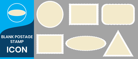 Postage stamp set. Post stamp frames and borders. Beige round and rectangular template for mail, postcard, letter. Jagged wavy edge forms. Vintage objects for poster, banner, badge, sticker. 
