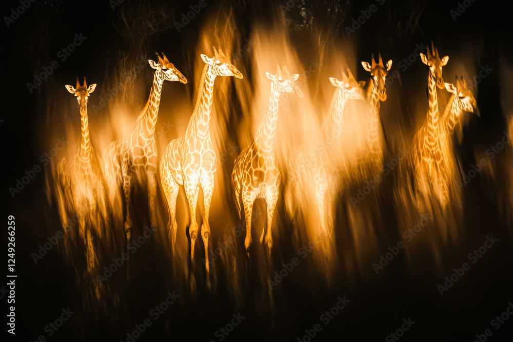 Poster group of giraffes standing in a field. the giraffes are all different sizes and are standing in a li