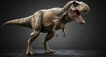 Fototapeta premium Tyrannosaurus rex roars showing teeth in detailed full body view