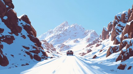 A winter road trip scene, a car driving through a snow-covered mountain pass under a clear blue sky