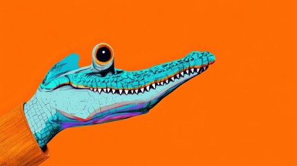 Hand Shaped Like Alligator in Playful Cartoon Style on Vibrant Orange Background Fun and Whimsical Character Expressive Doodle