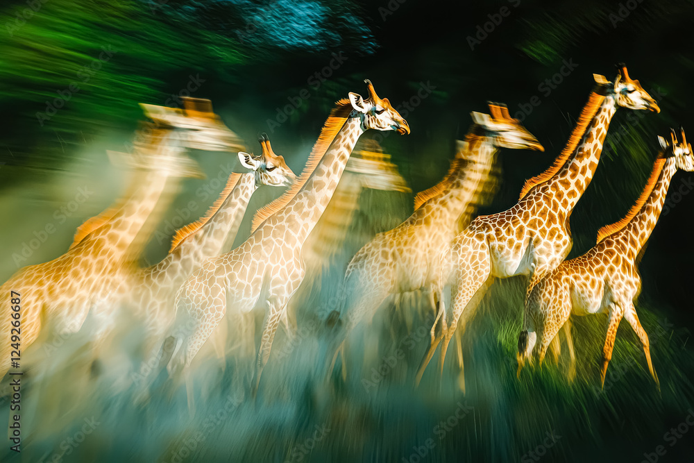 Poster group of giraffes standing in a field. the giraffes are all different sizes and are standing in a li