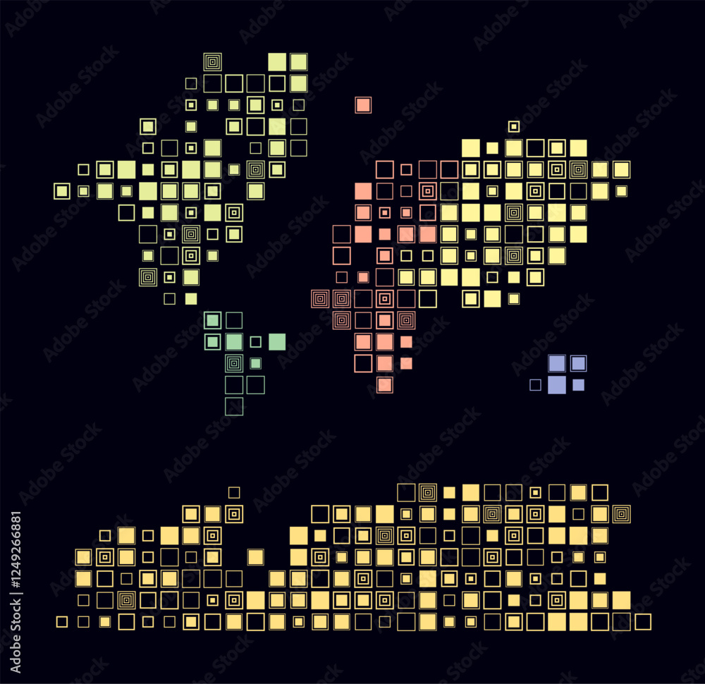 Poster world, shape of the world build of colored cells. digital style map on dark background. large size s