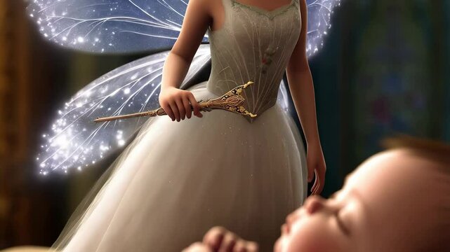 Fairy tale image of a fairy tooth and a baby. The fairy is holding a wand and the baby is sleeping
