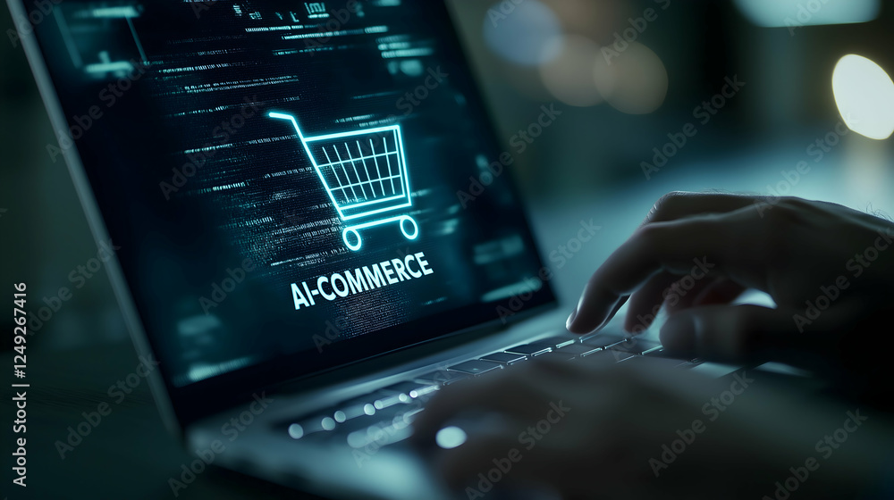 Poster a person interacts with a laptop displaying an e-commerce interface, featuring a shopping cart icon 