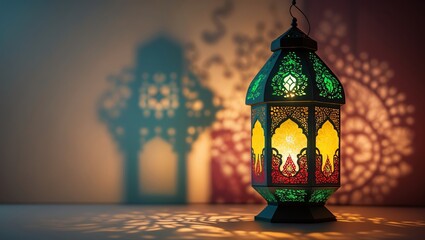Colorful lantern casting intricate shadows on wall in softly lit room during nighttime