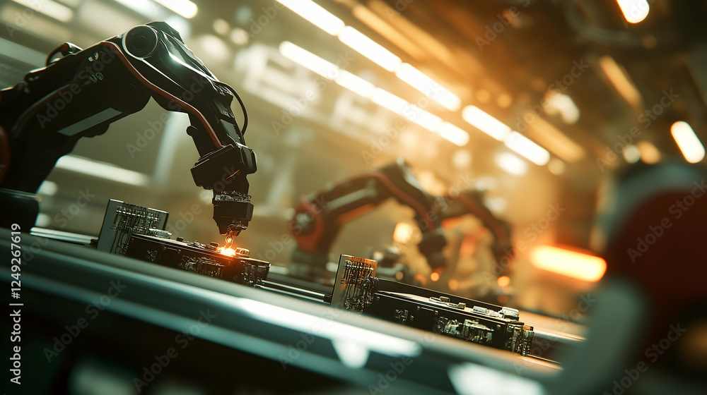Poster advanced robotic arms work collaboratively in a high-tech manufacturing environment, showcasing auto