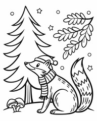 Obraz premium Winter mood coloring page. Coloring book with woodland animal, badger in hat. Printable coloring page for children.