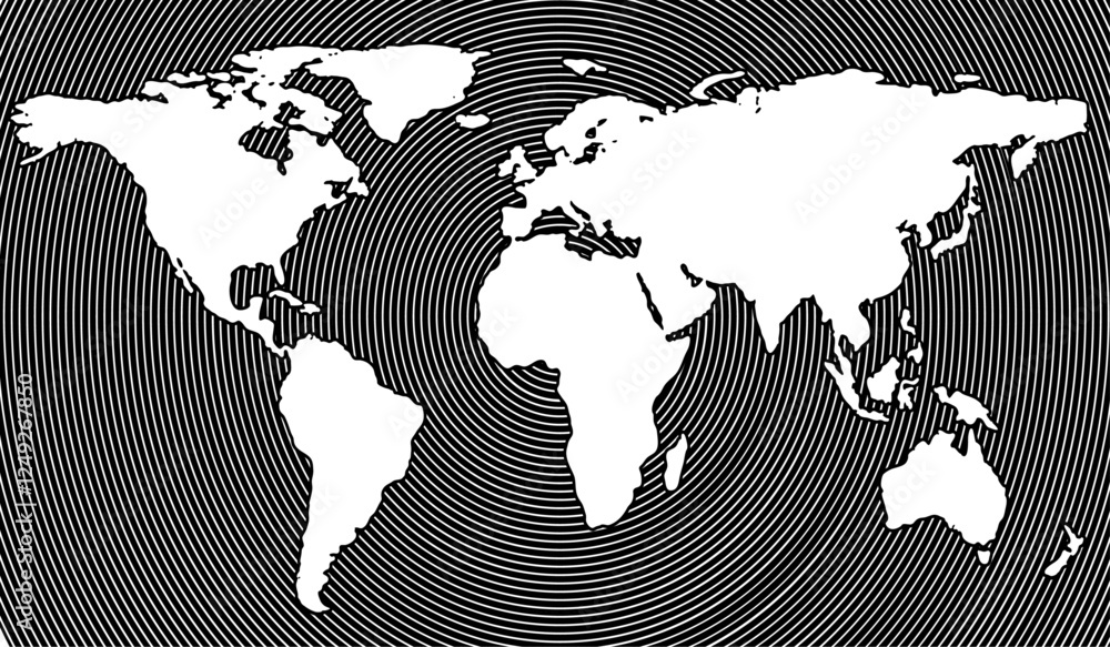 Poster abstract world map on a background of cylindrical circles. vector illustration in halftone.