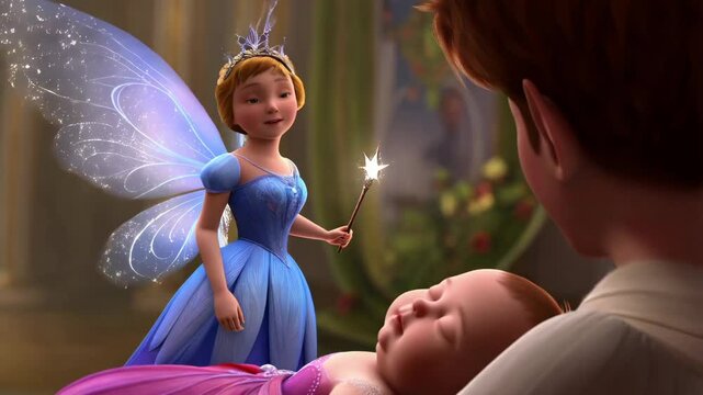 Fairy tale scene with a fairy and a baby. The fairy tooth is holding a wand and is about to give the baby a magic wand