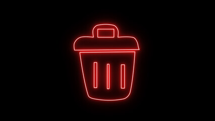 Neon glowing red color trash bin icon..