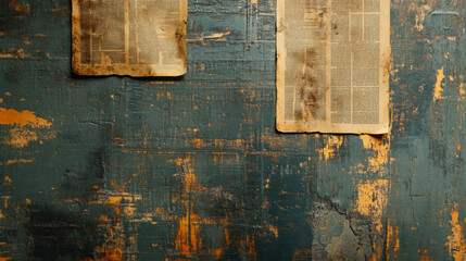 Old newspapers create a textured wall backdrop with layers of peeling paint that reveal the passage of time and neglect
