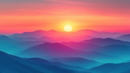 Fototapeta premium Colorful sunset over hazy mountain range. Peaceful landscape, ideal for travel, nature, and serenity themes