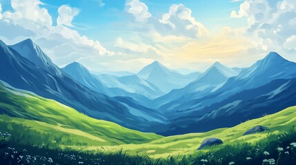 Obraz premium Mountain valley landscape, sunny day, scenic view, travel poster