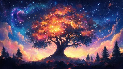 Majestic Glowing Tree in Enchanted Forest with Vibrant Colors and Cosmic Galaxy