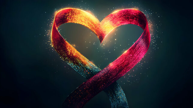 Stylized digital ribbon swirling into a heart shape, representing love, strength and empowerment