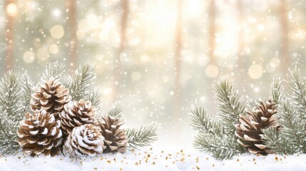 Winter Wonderland Scene with Pinecones and Snowy Background