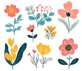 Colorful floral illustrations, various flowers, leaves and branches, flat design, nature themed