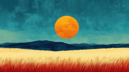 Sunset over golden wheat field, distant mountains