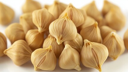 Close-Up Image of Natural Light Beige Plant Seeds on White Background