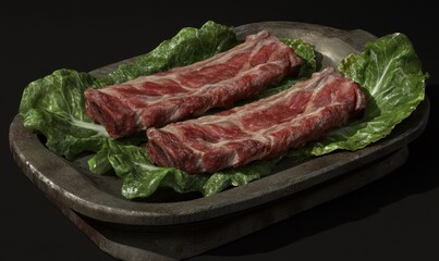Fototapeta premium Raw beef short ribs on a rustic tray, garnished with lettuce, ready for cooking
