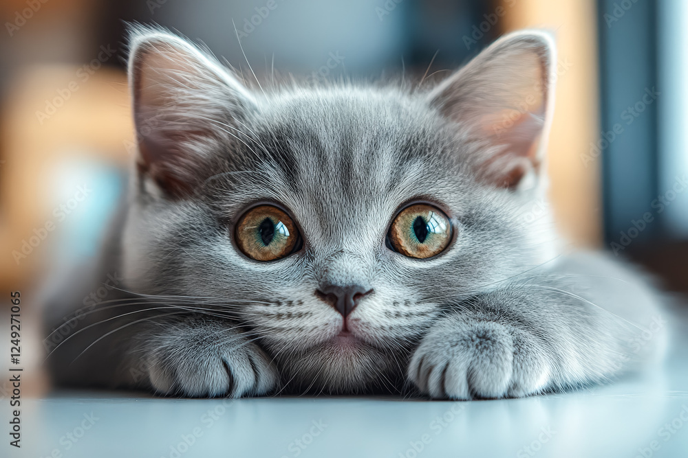 Poster grey kitten is laying on a table with its eyes closed. the kitten has a calm and peaceful expression