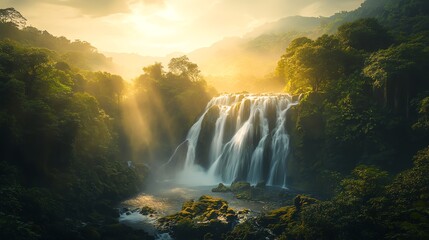 Waterfall Flowing in Lush Forest with Golden Sunlight Streaming Through
