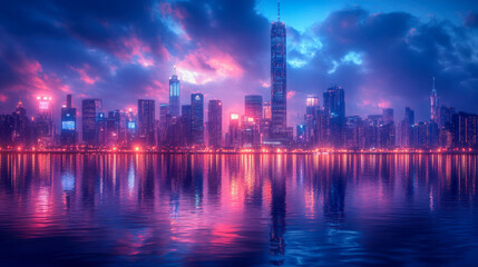 Fototapeta premium Vibrant city skyline with towering skyscrapers reflecting on serene waters during twilight hours