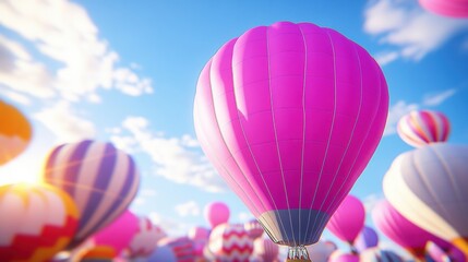 Colorful Hot Air Balloons Against Bright Blue Sky with Clouds