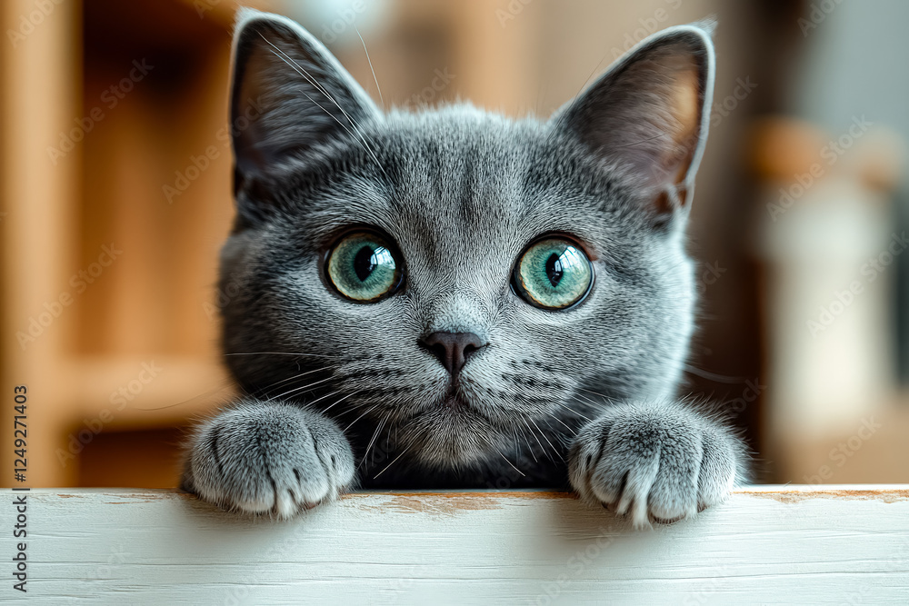 Poster grey kitten is laying on a table with its eyes closed. the kitten has a calm and peaceful expression