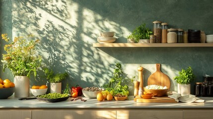 Fototapeta premium Vibrant Kitchen Counter Displaying an Abundance of Fresh Colorful Vegetables Including Tomatoes Carrots Peppers and Greens Creating a Wholesome Culinary Atmosphere for Cooking Enthusiasts