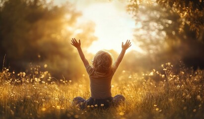 A Child Praising the Lord in a Sunlit Meadow with Arms Raised in Thankfulness and Prayer