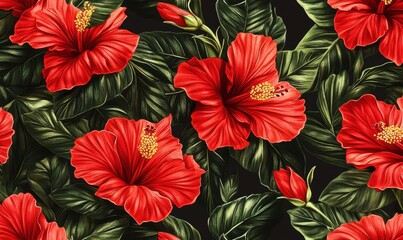Red hibiscus flowers, lush green leaves, dark background; tropical seamless pattern for textile design