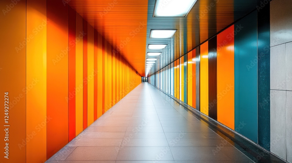 Canvas Prints A vibrant corridor with orange and teal walls, creating a dynamic visual pathway.