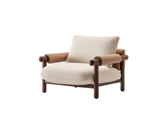 Fototapeta premium Comfortable white cushion chair with brown wooden armrest, perfect for relaxing in style