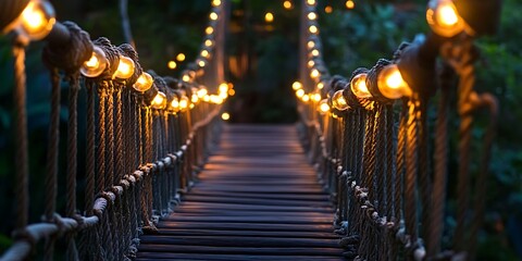 Obraz premium rope wooden bridge and bulb light decorated with warming twilight evening