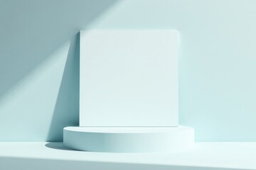 Fototapeta premium Serene Minimalist Mockup Pale Blue Background with Blank Vertical Canvas on Cylindrical Pedestal in Soft Light