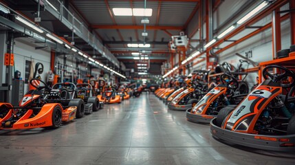 A large indoor facility is lined with numerous go karts in bright orange and black, ready for racing. The atmosphere is filled with anticipation for thrilling competitions.