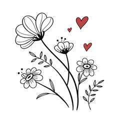 Simple doodle of hearts and flowers hand drawn