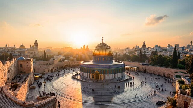 Golden Dome Sunrise: Majestic View of a Spiritual Landmark bathed in the warm, radiant glow of the rising sun. A breathtaking panorama of architectural splendor and serene natural beauty. Perfect for 
