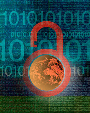 Globe in unlocked padlock surrounded by computer code