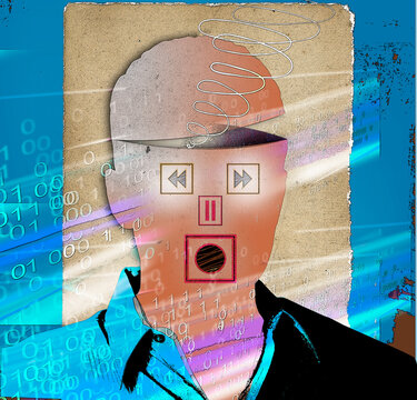 Man with computer coding and icons forming stressed facial expression