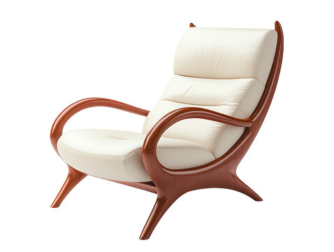 Elegant white leather armchair with wooden frame, a modern living room statement piece for comfortable relaxation