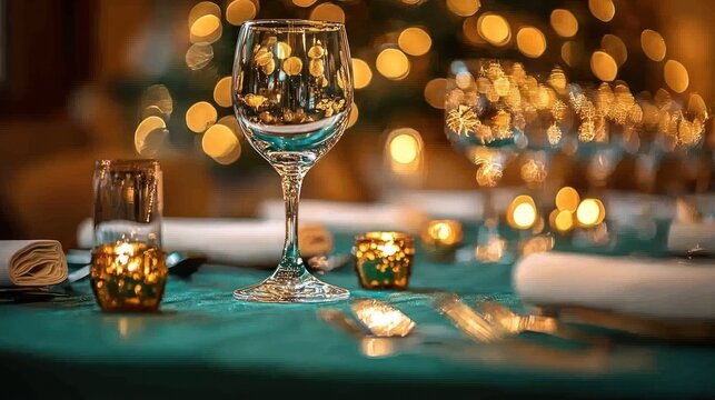 Festive Wine Glass on Teal Table with Christmas Lights