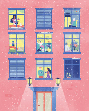 Cosy scenes through apartment windows on snowy night