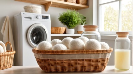 A cozy laundry room featuring a basket of wool dryer balls next to a washing machine and natural decor.