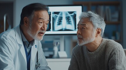 Obraz premium Doctor explaining x-ray results to senior patient.