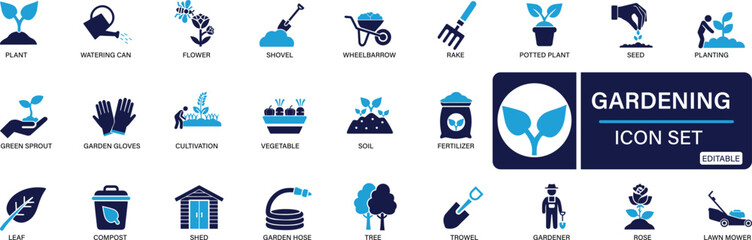 Gardening icon set plant, gardener, sprout, leaf, planting, seedling, shovel, watering can, rake, You can easily change the color